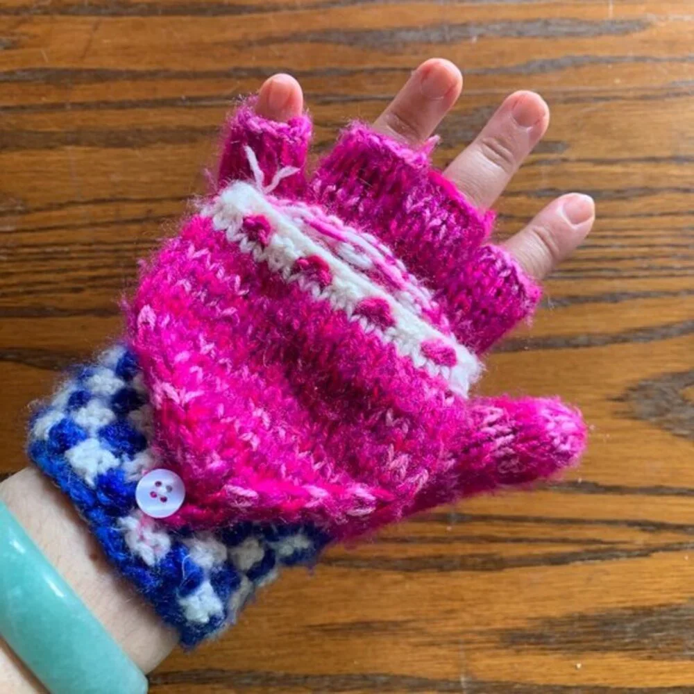 Gloves Hand Warmers Handmade Mitten Wool Fingerless Texting Pink‎ Blue Checkers